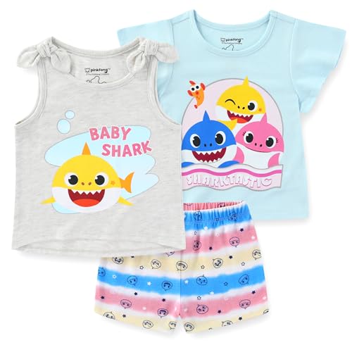 Nickelodeon Baby Shark Girls T-Shirt Tank Top and Short Set for Infant and Toddler Pink/Blue Or Multicolor/Grey/Blue
