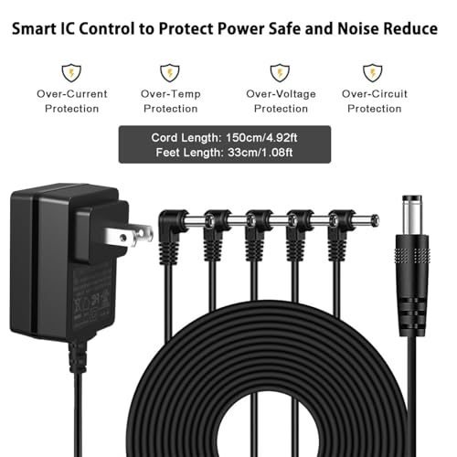 Image of JOYO DC 9V 1.2A Guitar Pedal Power Supply with 5 Way Daisy Chain Cables, AC Wall Charger Power Adapter for Bass Guitar Effect Pedals (Tip Negative)