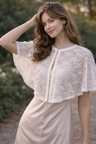 Image of Women White Lace Poncho with Pearl Work | Front Open Net Cape | Party & Shrug