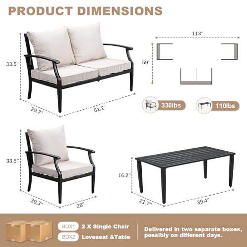 Image of 4-Piece Patio Furniture Set, Wider Outdoor Metal Seating Sofa with High Back & Loveseat, Coffee Table, All Weather Metal Conversation Set for Backyard, Poolside, Deck-Beige