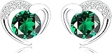 Heart Earrings for Women Girls 925 Silver Studs with Cubic Zirconia (Green)