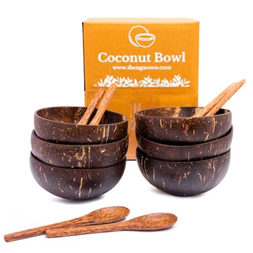 Image of Thenga Handmade Coconut Bowls with Wooden Spoons, 500 ML, Set of 6 | Reusable artisan tableware, polished natural finish, ideal for smoothie bowls, salads, cereals, snacks and serving