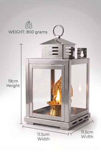 Image of Nakshathra Stainless Steel Wall Mounted Oil Lamp with Glass Cover, Deepam Lid, Windproof Hanging Diya Lantern for Home & Temple Pooja, Ideal for Decorating Indoor and Outdoors (Small)