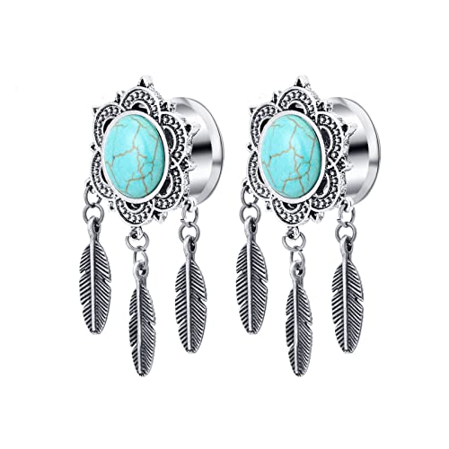2 pièces jauges d'oreille tunnels acier pendentif feuilles turquoise