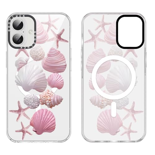 Coque esthétique iPhone 16 motif coquillages rose et finitions transparentes premium