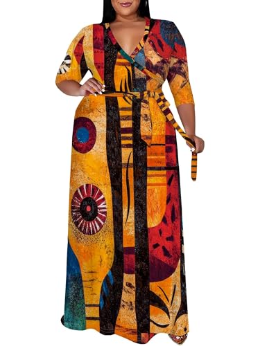 Image of SUZONANA Plus Size Maxi Dresses for Curcy Women Casual Loose 3 /4 Sleeve Long Dress with Belt