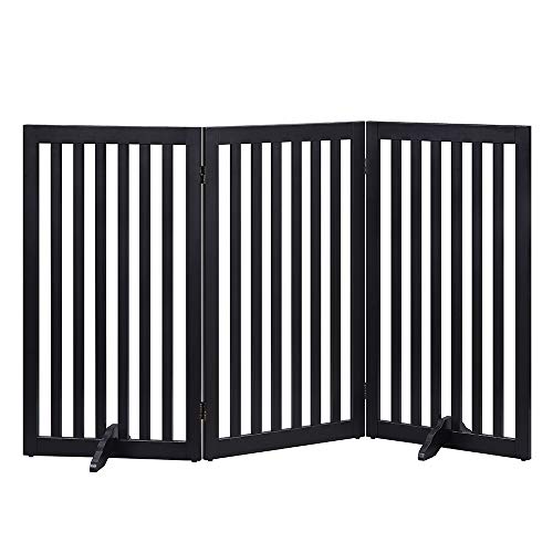unipaws Freestanding Wooden Dog Gate, Foldable Pet Gate with Support Feet Dog Barrier Indoor Pet Gate Panels for Stairs, Black