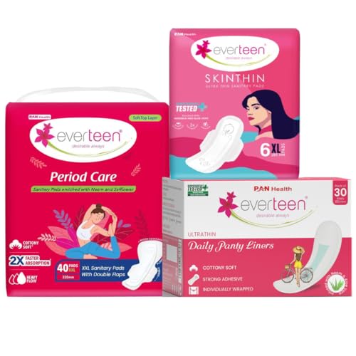 Image of everteen Sanitary Napkins for Women, Combo Offer Pack Buy 46 Pads Get 30 Panty Liners for Light flow days, XXL Size (40 Pads) XL Size 6 Pads, Infused with Neem & Safflower with Soft Cotton Layer - Pack of 3