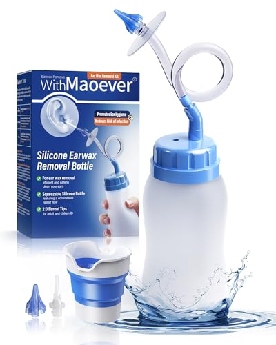 MAOEVER Ear Wax Removal Kit, Squeezable Silicone Ear Cleaner with a Folding Pot for Waste Water Recycling, Gentle & Effective Ear Irrigation Tool for Safe at-Home Use (Blue)
