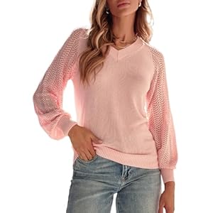 Dokotoo Women’s Casual V-Neck Long Sleeve Sweaters Solid Color Pullover Knit Sweater Jumper Tops