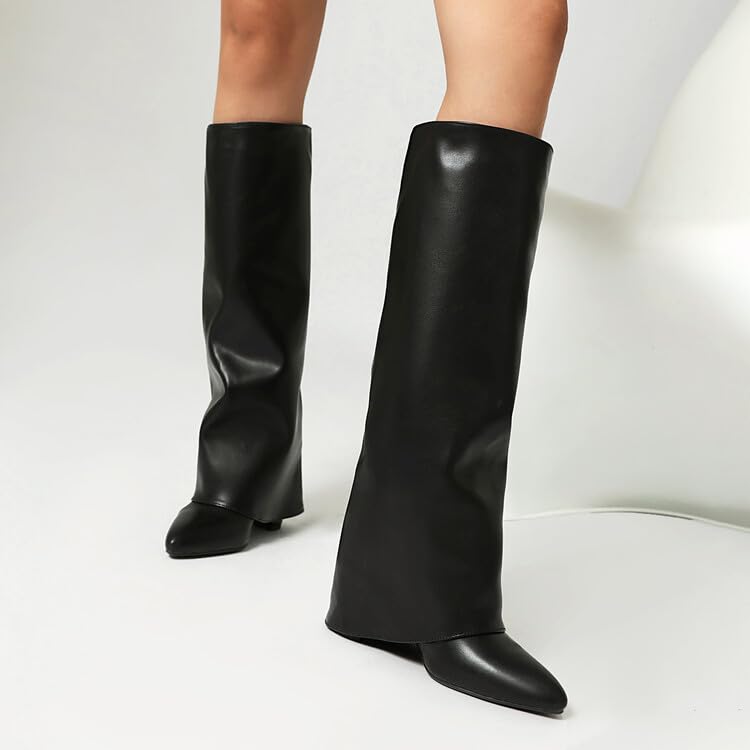 Fold Over Knee High Boots for Women Chunky High Heels Long Boots Pointed Toe Dress Tall Boots for Women Chunky Boots4