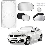 Windshield Sunshade, 6 in 1 Car Sunshade Kit for Windshield UV Rays & Sun Heat Protection, Coated Silver Sun Shade Car for Midsized Car with 4 Side Window Protectors, 1 Back Window Visor, 12 Suckers.