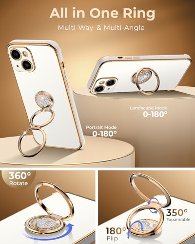 Image of XYZ for iPhone 14 Back Cover Case with Stand, Phone Case with Double Ring Kickstand, for Girls Women, Luxury Cute Bling Protective Phone Cover Case for iPhone 14, White | Double Ring Holder, Cute Love-Heart, Phone Chain Wristlet, Wrist Strap, Women Girls Bling Luxury Protective Case, White