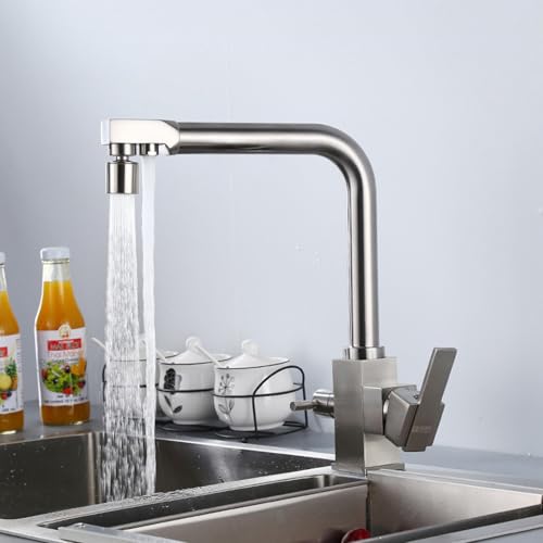 Robinetterie cuisine 3 voies eau filtrée mitigeur évier douchette 2 jets tube rond rotatif