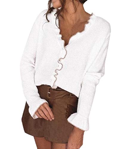 SELX Suéter feminino de malha de manga comprida cor lisa ajuste solto gola V blusa pulôver, Branco,