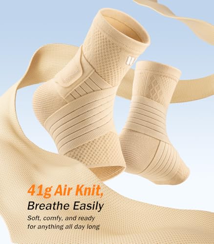 Image of Low-Profile Ankle Braces for Women & Men, Customizable Ankle Compression Sleeve w /Wide Strap, Foot Support Wrap for Plantar Fasciitis Pain Relief, Achilles Tendonitis, Sprain, Beige, 1 Pair, S
