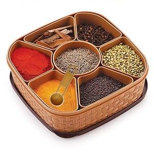 Image of Oblivion Kitchen Airtight Section Storage Container - 6 & 4 Compartment Masala Organizer Box with Spoons for Spices Condiments Seasonings - Square & Round Kitchen Storage Dabba Jar Set (Pack of 2)