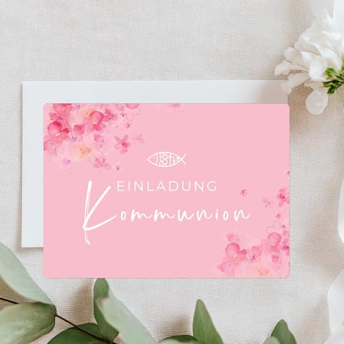 Lilly Braun Einladungskarten Kommunion Set aus 10 Karten & Umschlägen | modern & liebevoll gestaltet | hochwertige 280g Postkarten | ideal für Mädchen & Jungen (Kommunion rosa)