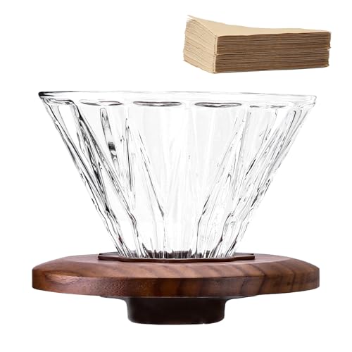 Polydremio Glass Coffee Dripper with 100 pcs of Size 02 Paper Filter, Borosilicate Glass & Walnut Collar, Pour Over Coffee Maker, 1-3 Cups, Clear
