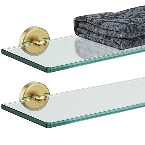 Bathroom glass shelf with brushed gold finish (2-pack)