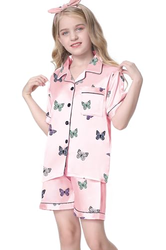 Image of Umeyda Women & Girls Pajamas Set, 2 Piece PJS Satin Silk Sleepwear Button-Down Top with Shorts for Mom Kids Gifts