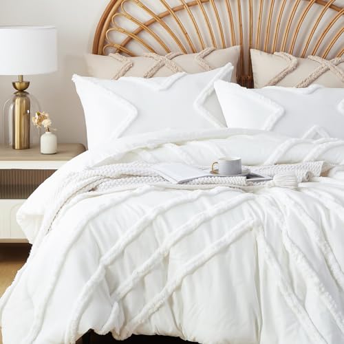 Image of Cupocupa Queen Comforter Set Ivory Tufted Comforters Sets Bedding for Queen Bed 3PCS Boho Comforter Soft Fluffy Lightweight Comforter with 2 Pillow Cases for All Season
