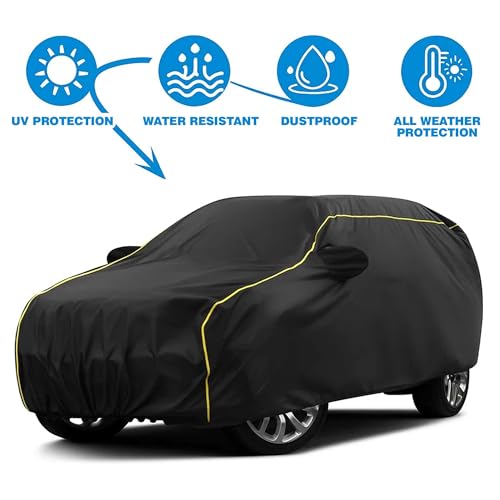 Image of Sulfar 100% Water Resistant Car Body Cover Compatible with Mirror for Maruti Suzuki Esteem (Triple Stitched, Full Bottom Elastic, Black Taffeta with Yellow Piping)