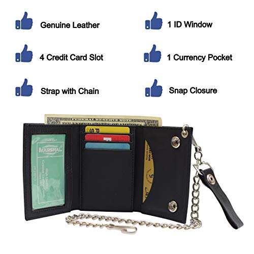 MARSHAL Men's Genuine Leather Black Trifold Wallet with Chain Biker Trucker Motorcycle3