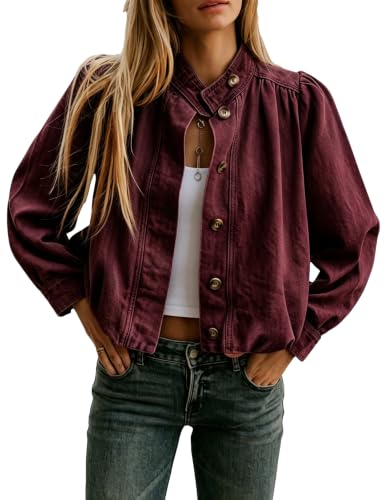 Lumister Women's Denim Jacket with Puff Sleeves Button Down Jean Top Outfit Casual Vintage Shacket for Women(1103-DarkRed-L)