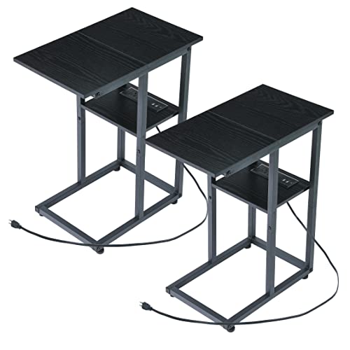 Lakemid Side Table With Charging Station Set Of 2 - Small C Table Narrow End Table With Metal Frame For Living Room Bedroom Small Spaces (Black) #TOP4