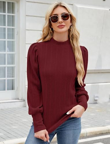 Image of JUSTFASHIONNOW Womens Fall Tops Turtleneck Long Sleeve Shirts Puff Sleeve Sweaters Trendy 2025 Ribbed Knit Pullover Sweater