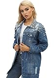 YPCT Distressed Jean Jacket For Women Lengthened Pearl Ripped Denim Jacket (Blue, X-Large)