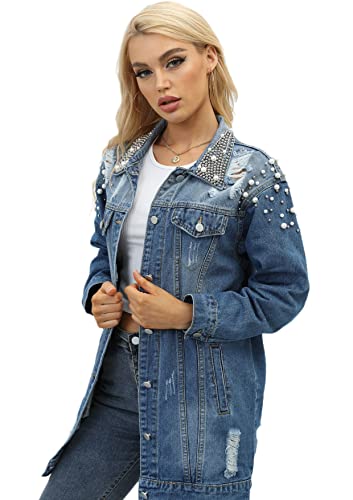 Ypct Distressed Jean Jacket For Women Lengthened Pearl Ripped Denim Jacket (Blue, X-Large) #TOP1