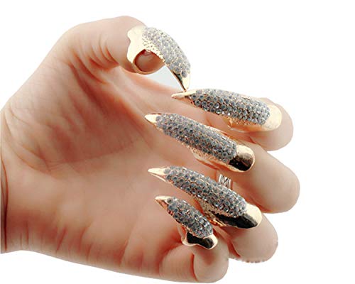 Mens Gothic Full Finger Rings Retro Punk Rock False Nail Finger Claw Eagle Claw Womens Jewelry Alloy Rhinestone Fingertip Claw for Cosplay Party Halloween Activity (5PCS/Gold)