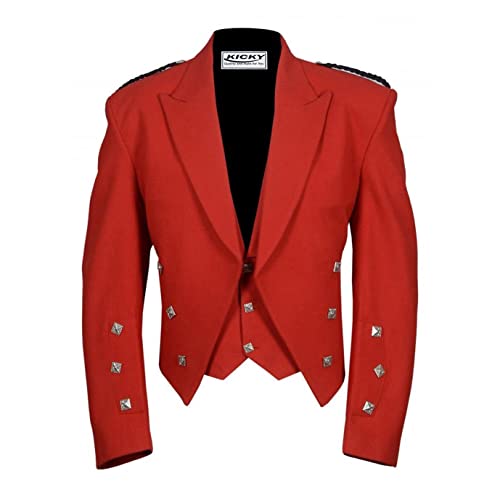 Prince Charlie Jacket With Waistcoat, Red Color by Kicky, Prince Charlie Kilt Jacket & Vest, 100% Wool