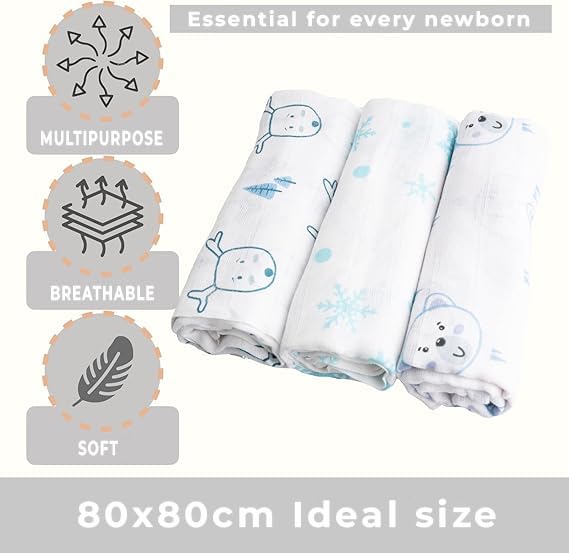 Bubblin, Set of 3 Muslin Baby, 80 x 80 cm, Squared Baby Towels, Double Fabric, 100% Natural Cotton, OEKO-TEX Certified - Image 4