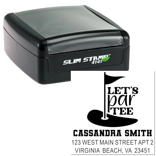 Image of Slim Pre Inked Rubber Stamp Par-Tee Celebration Golf Flag - Made to Order | Customized Golf Stamp. Compact Rubber Stamp. Choice of 5 ink colors. Laser-cut lettering. Your name and address. Stores flat.