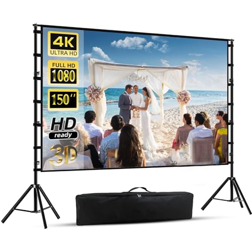 150 Projector Screen with Stand Portable Outdoor Projector Screen 16:9 4K HD Movie Screen with Carry Bag for Theater Backyard Movie Night Churches Parties شاشة عرض بروجكتر