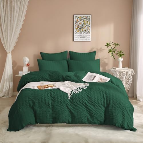 Seersucker Bed Linen 135 x 200 cm Green Dark Green Summer Plain