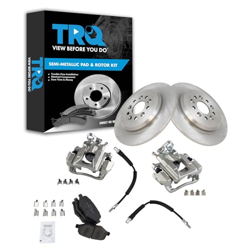 Image of TRQ Rear Brake Pad and Rotor Set Semi Metallic Rotors Calipers Hardware