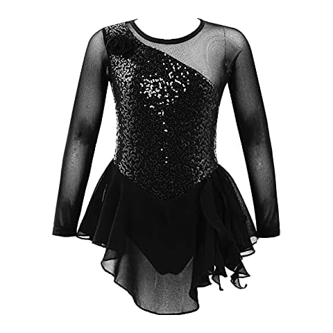 iEFiEL Kinder Mädchen Eiskunstlauf Kleid Langarm Swing Schaukel Tanzkleid Pailletten Ballettkleid Body Glitzer Trikot Turnanzug Gr. 104-176 Schwarz Blumen 152 Cover