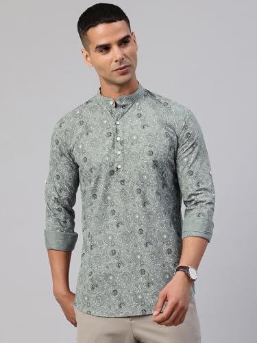 Image of Majestic Man Men's Pure Cotton Printed Mandarin Collar Regular Fit Roll-Up Sleeves Short Kurta