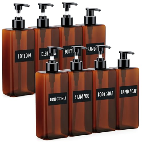 Image of Segbeauty 8 Packs Empty Bathroom Soap Dispenser, 16.9oz Refillable Plastic Pump Bottles with Labels, 500ml Shower Dispenser Shampoo Conditioner Bottles for Kitchen Amber