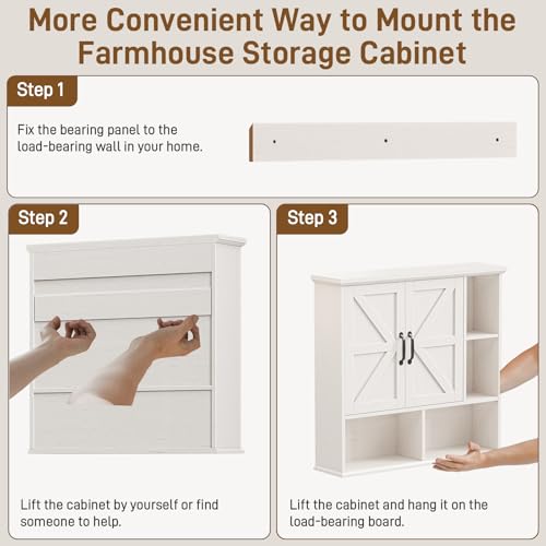 Image of Bathroom Wall Cabinet, Farmhouse Medicine Cabinet with Doors, Rustic White | Over The Toilet Storage Cabinet with Double Barn Door and Adjustable Wood Shelf for Wall Mounted for Bathroom Laundry Kitchen