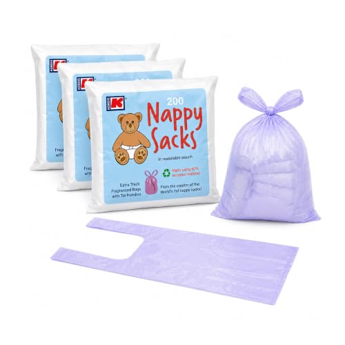 Kordis 600 Baby Nappy Bags - 3 Packs of 200 Bags with Tie Handles 80% Recycled Material Scented Nappy Disposal Sacks Lilac Strong & Durable for Home & Travel 29.5cm x 36cm