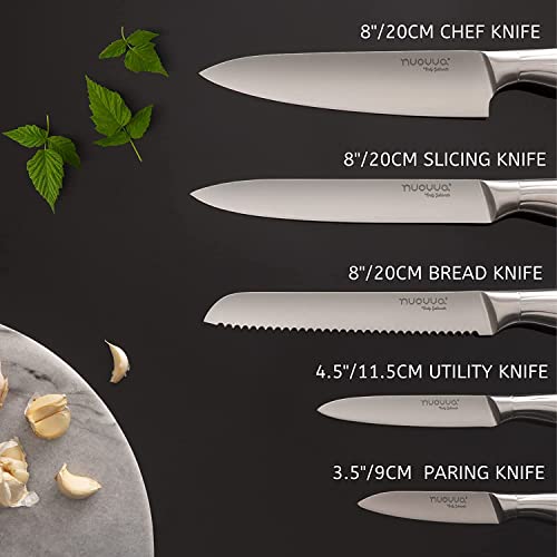 nuovva Sharp Kitchen Knife Set - Professional Kitchen Knives - 5 Pieces Stainless Steel Blades with Gift Box - Includes Chefs, Bread, Carving, Utility and Paring Knife