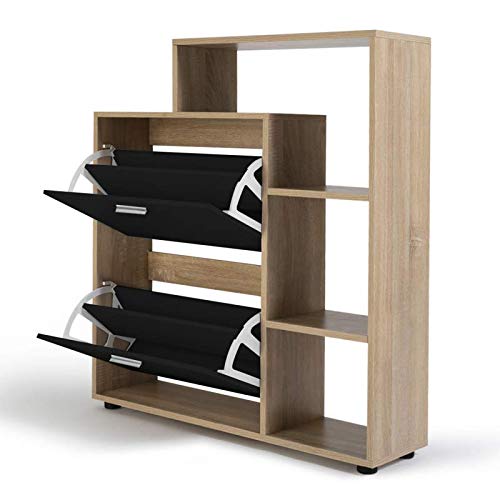 IDMarket - Meuble à Chaussures Imitation hêtre 2 Portes Noires avec étagères