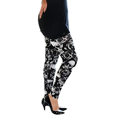 New Womens Plus Size Leggings Ladies Skulls and Roses Print Trouser Tattoo Style 16-18 Black Cover