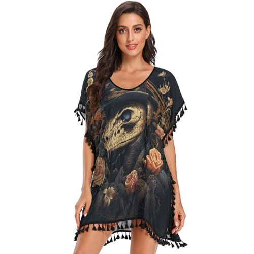 Black Skull Snake Pink Rose Women's Beach Cover Up Chiffon Tassel Swimwear Swimsuit Coverups for Girl