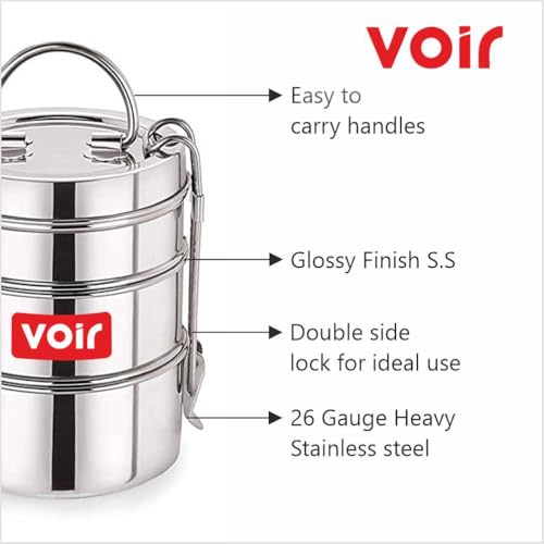 Image of Voir Stainless Steel Lunch Box /Tiffin with Locking Clip, Hot & Cold, Compact & Durable, Perfect for Office, School, Picnic and Travel use - Size 4x3 inches (3 Tier - 1200ml Capacity)